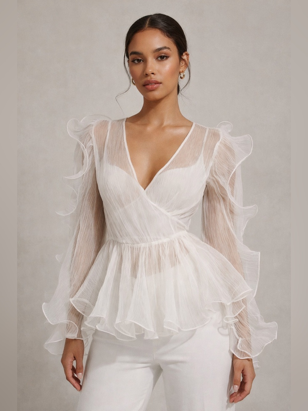 NWT WoWo Sheer Ruffle Sleeve Peplum Wrap Blouse